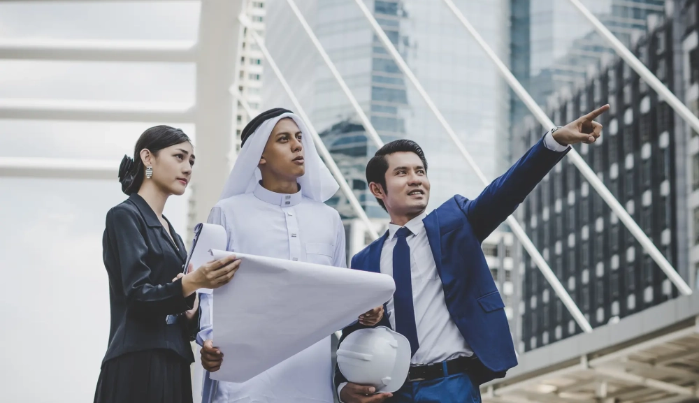 Business coworkers discussing new ideas and brainstorming togeth a group of people standing in front of a building